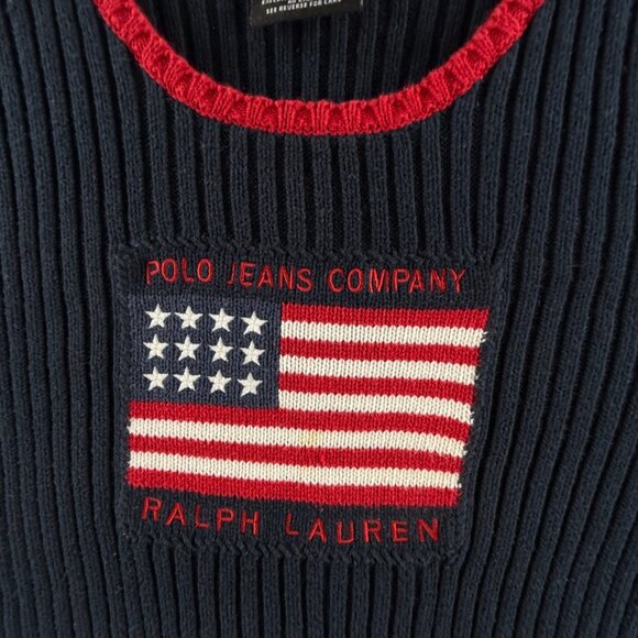 Polo Jeans Ralph Lauren Women Flag Sweater Rib Knit Large Short Sleeve Blue Red - Picture 9 of 13